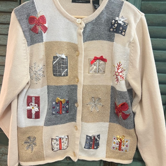Christmas cardigan sweater beige large kb collections ugly holiday - Picture 2 of 5